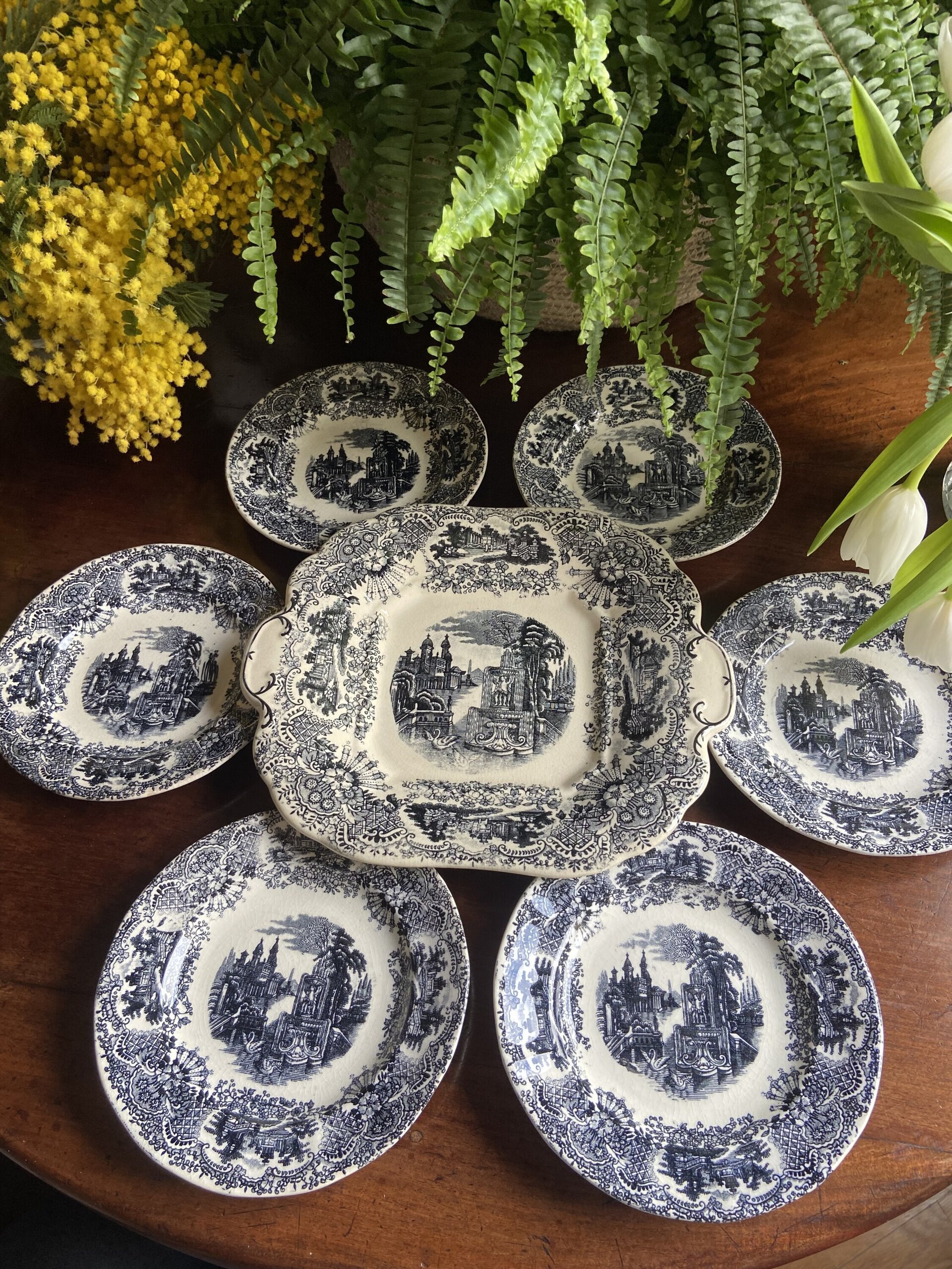 Fuente y 6 platos de merienda en loza "Pickman S.A. La Cartuja de Sevila" - 5