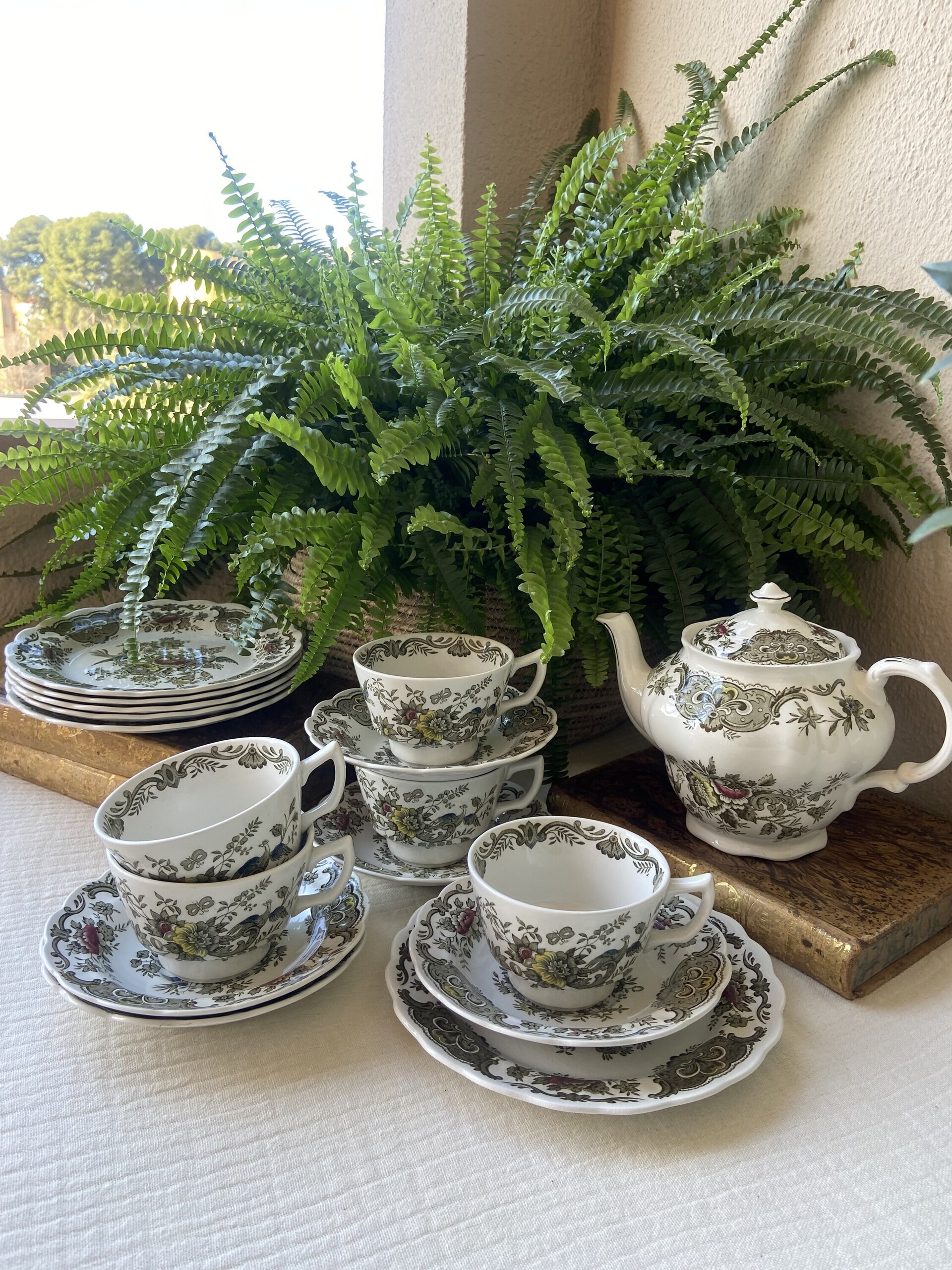 Tetera, 5 tazas de té/desayuno y 5 platos merienda en loza inglesa "Ridgway" - 5