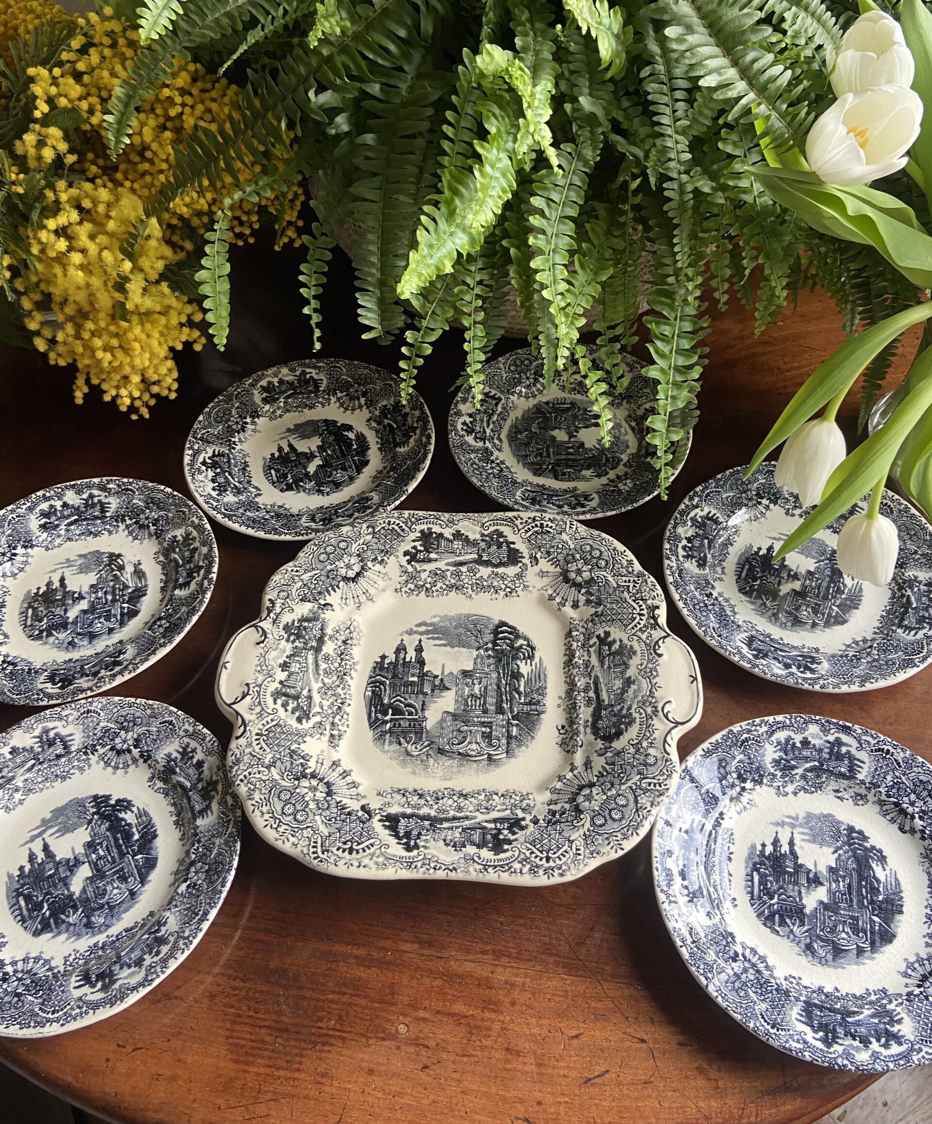 Fuente y 6 platos de merienda en loza "Pickman S.A. La Cartuja de Sevila" - 3