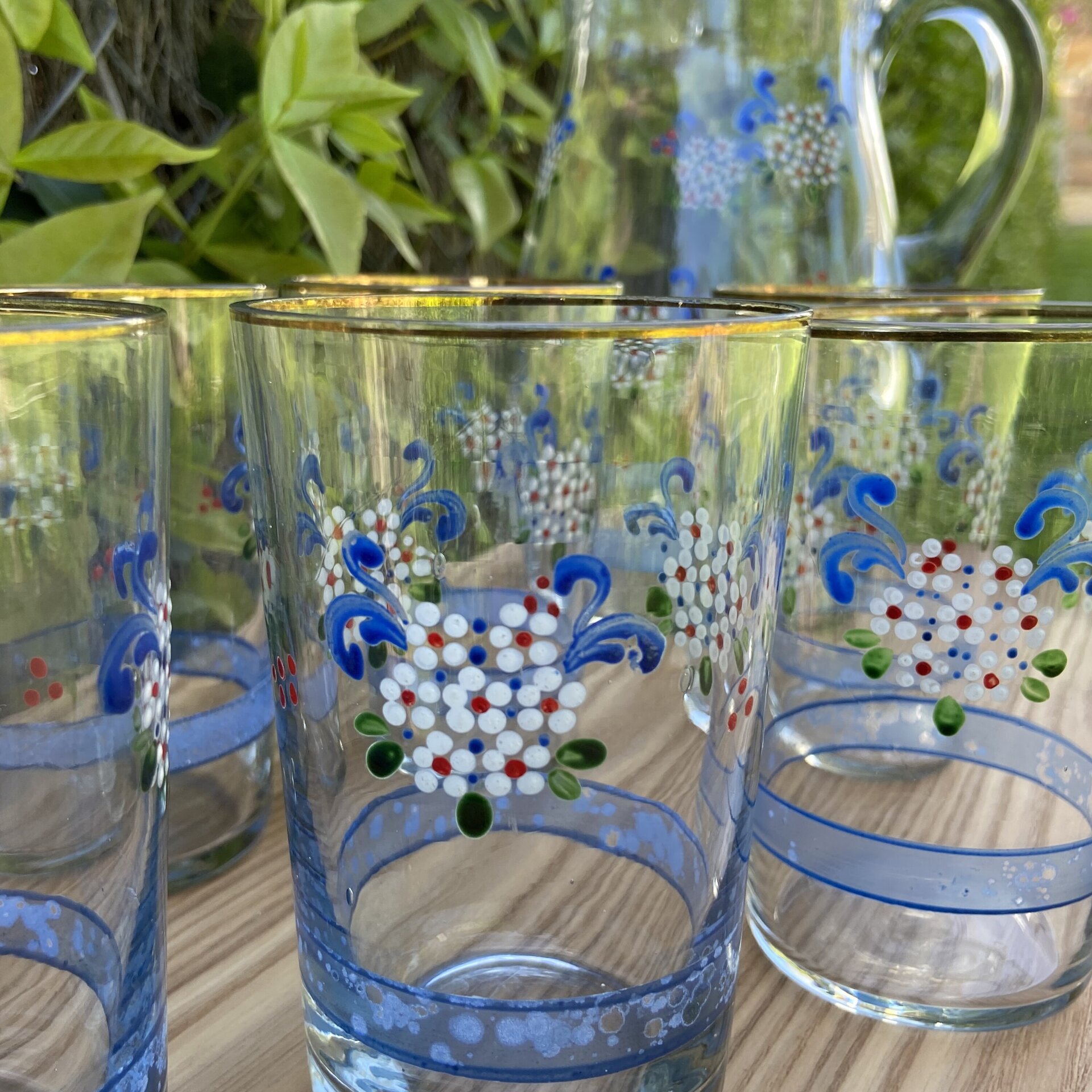 Juego de jarra y seis vasos de cristal pintados a mano. - 3