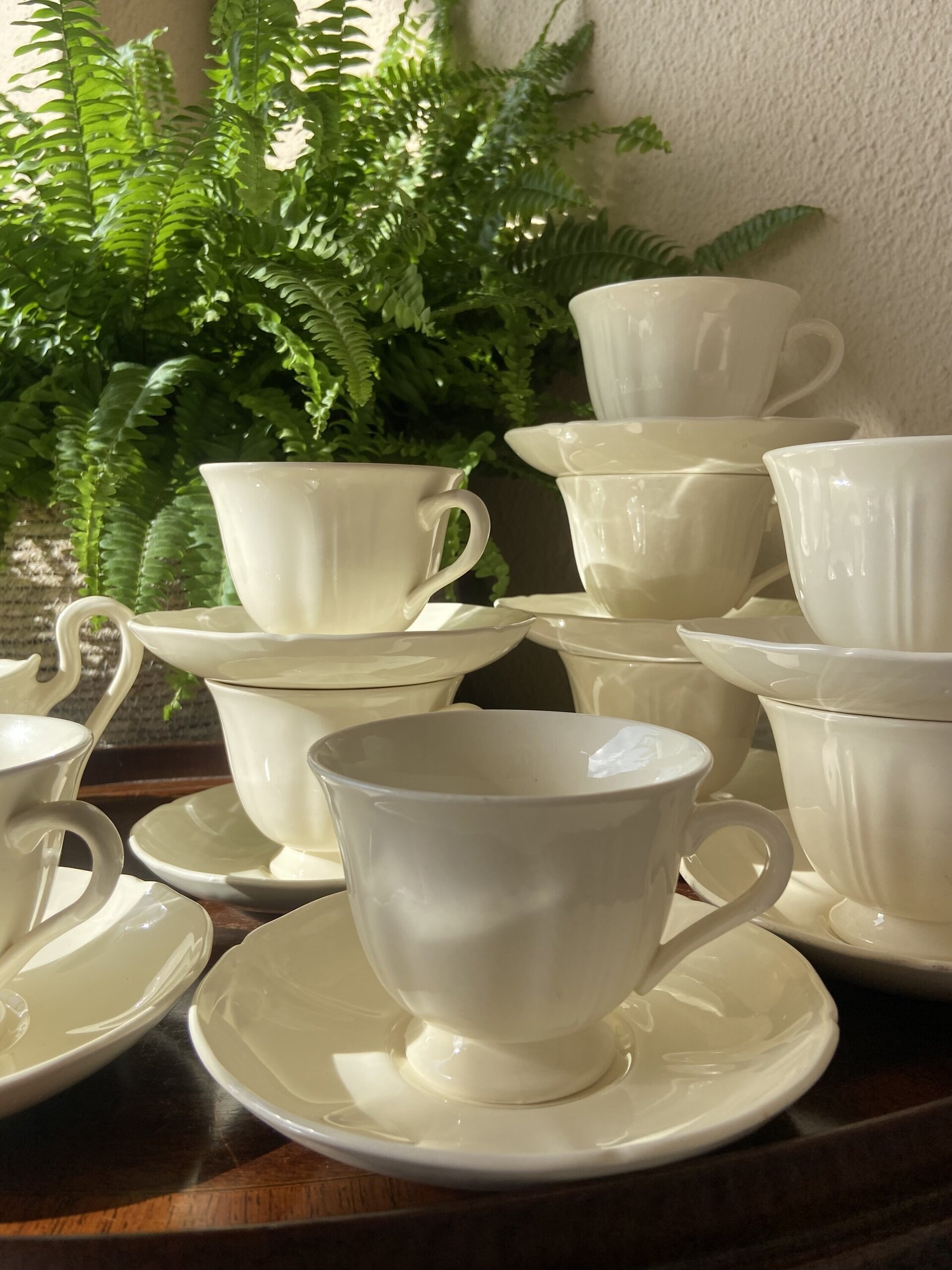 9 tazas de té, azucarero, lechera y bol ingleses "Wedgwood". - 2