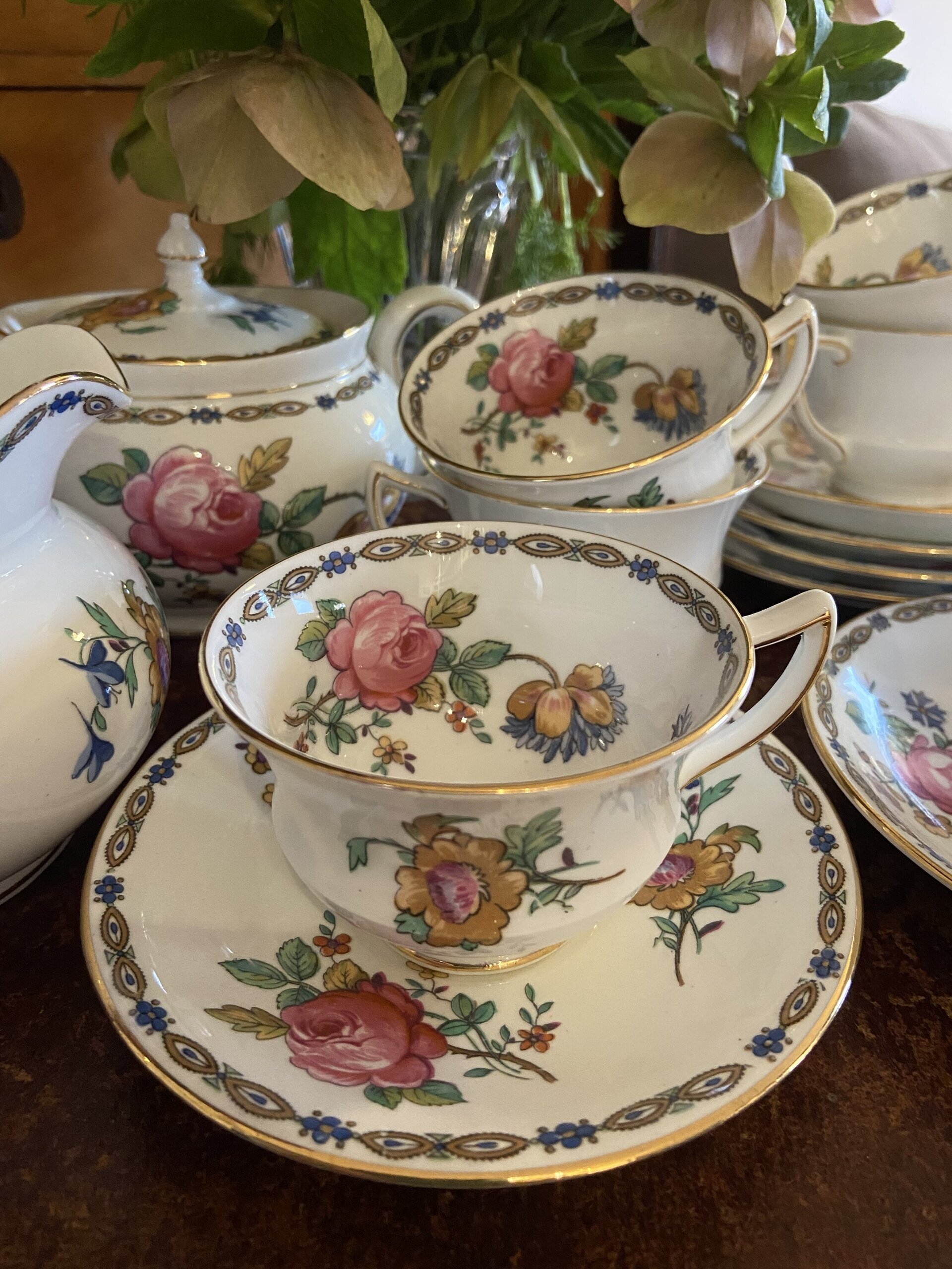 Azucarero, lechera y 6 tazas de café en porcelana inglesa "Ansley". - 5