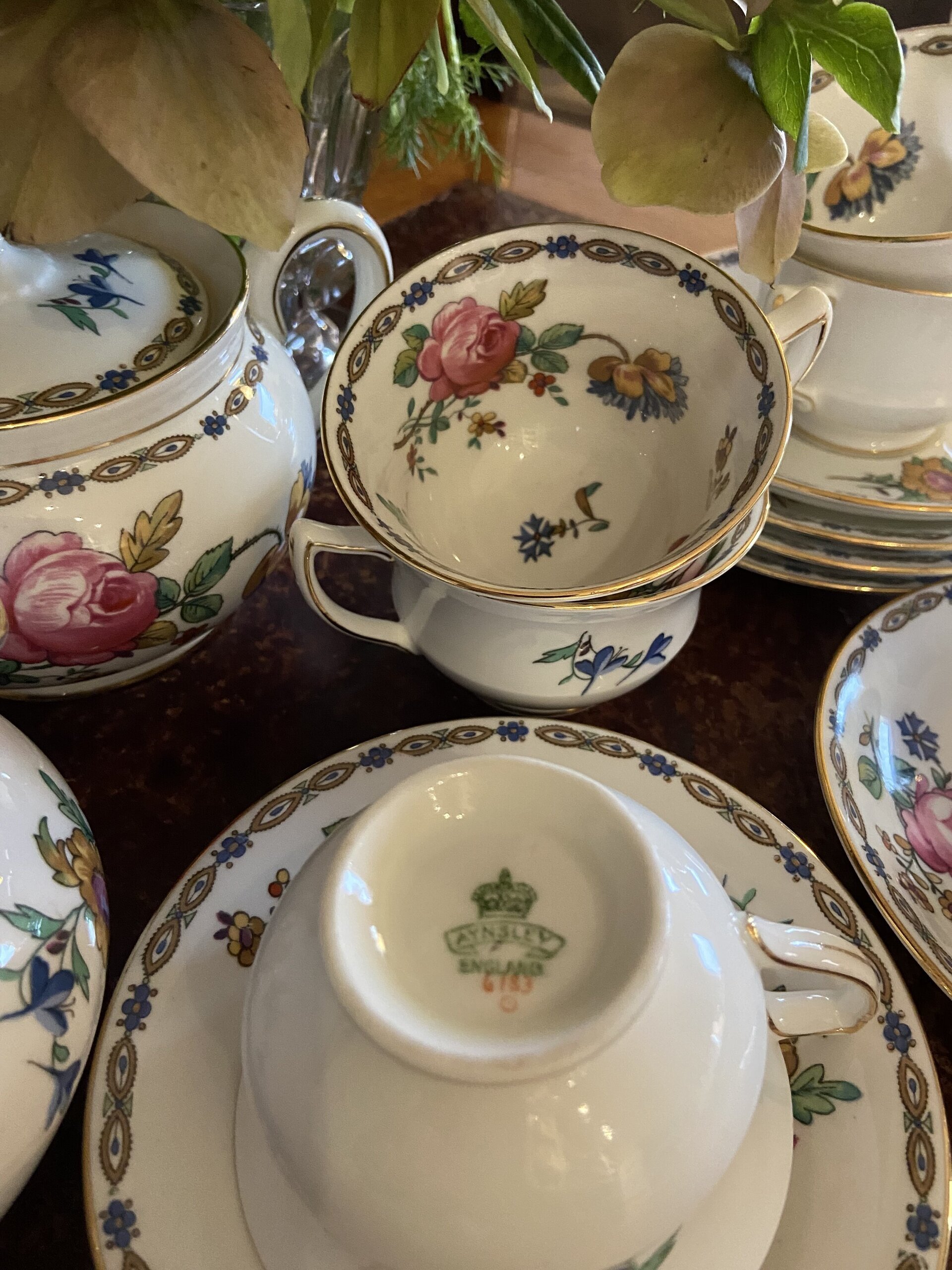 Azucarero, lechera y 6 tazas de café en porcelana inglesa "Ansley". - 7