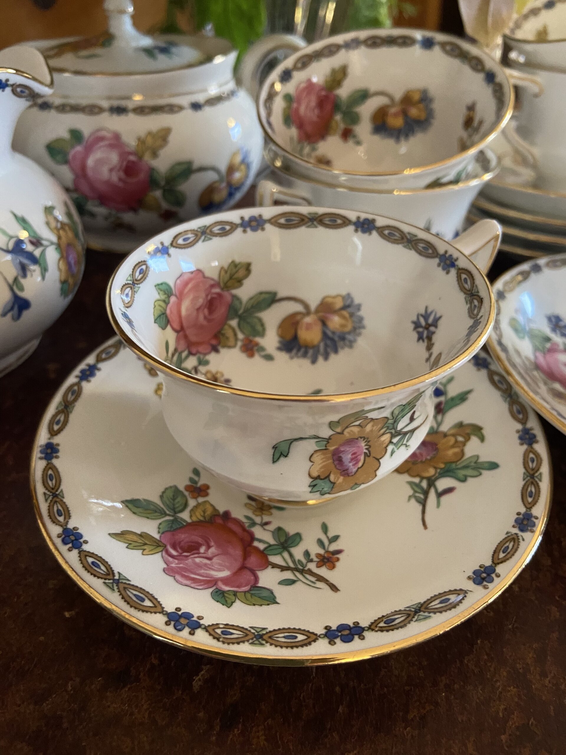 Azucarero, lechera y 6 tazas de café en porcelana inglesa "Ansley". - 4