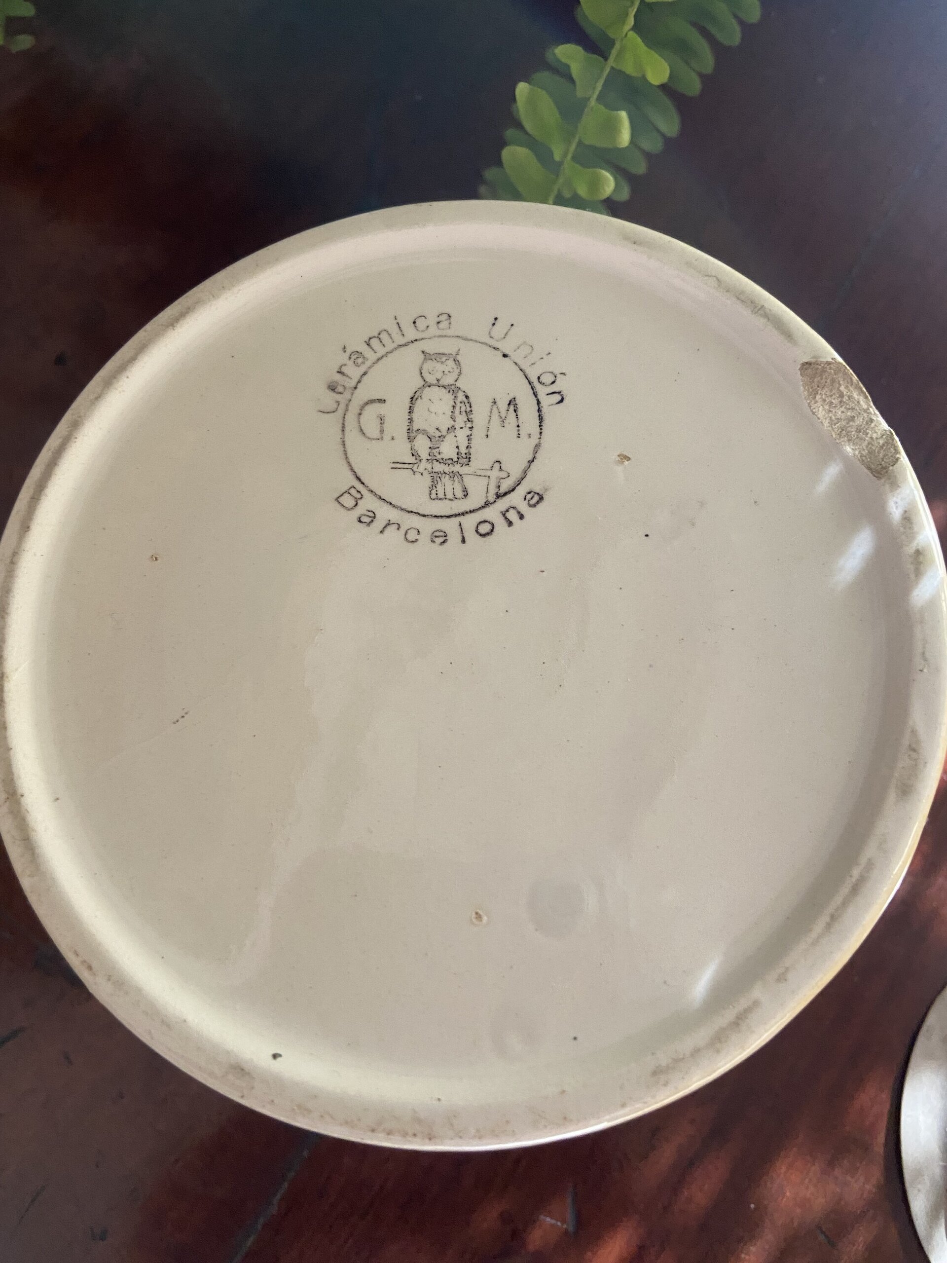 azucarero en loza con asa y tapa de metal "Cerámica Unión" Barcelona. - 6