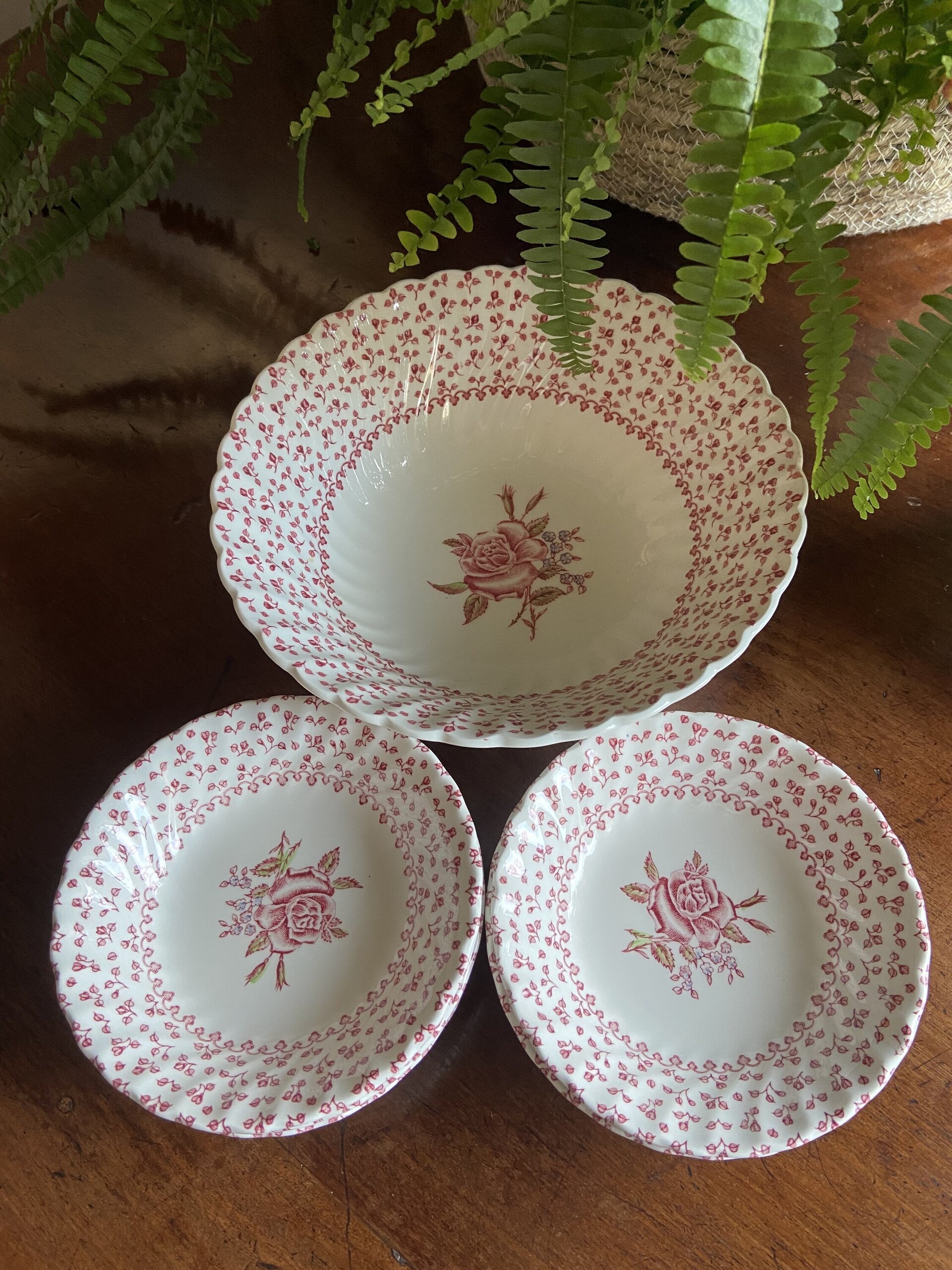 Bol G. y 6 boles P. en loza inglesa "Johnson Bros" (mod. Rose Bouquet) - 3