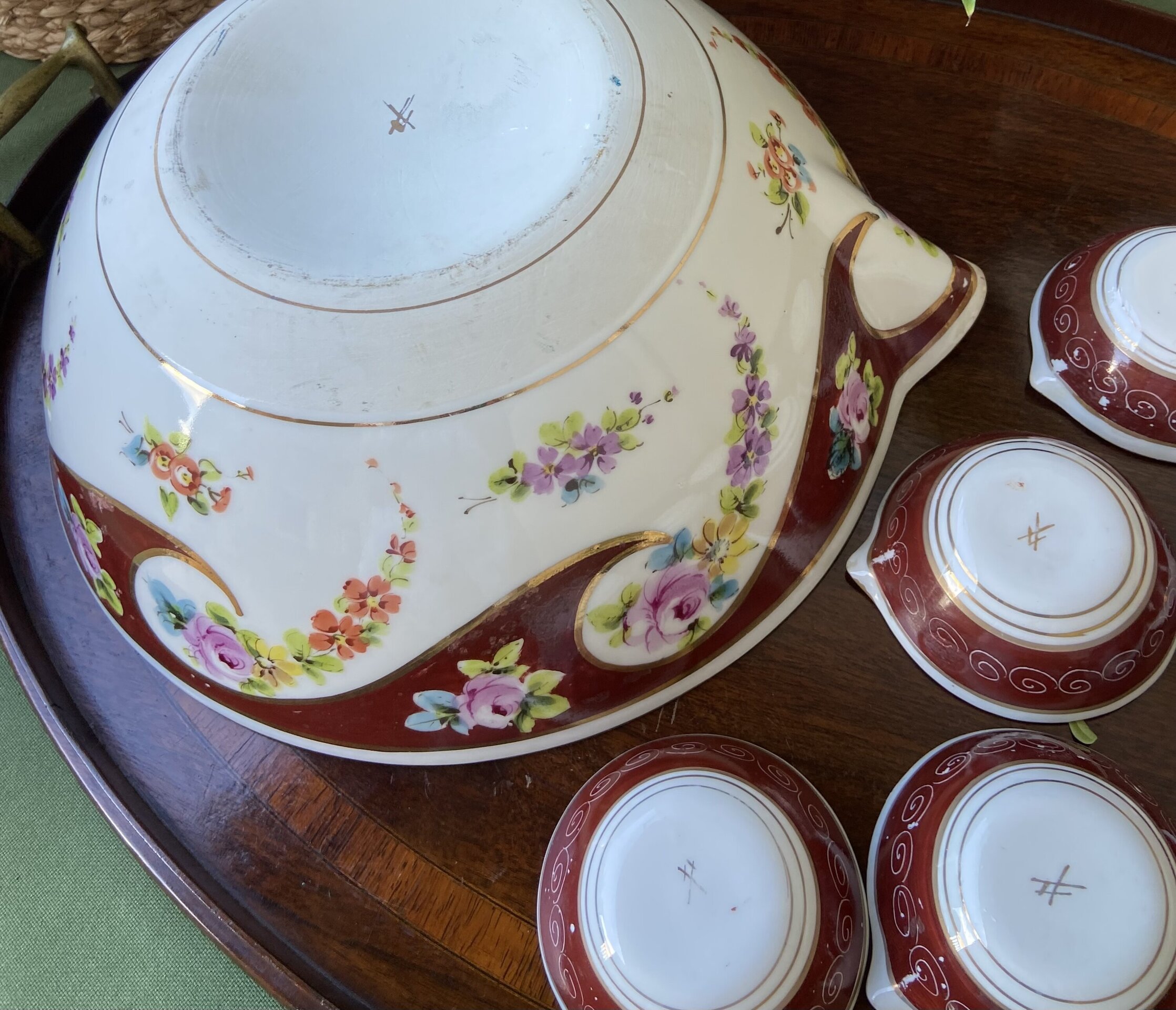 Bol y 6 boles pequeños en porcelana alemana "Meissen". - 7